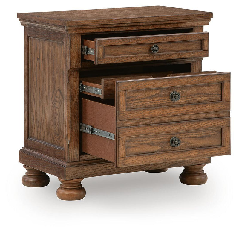 Warm brown wooden nightstand with two open drawers, round metal knobs, turned legs