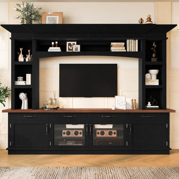 Black extra-long TV stand with open shelves, cabinet doors, and drawers along the front
