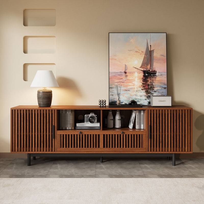 Walnut entertainment center with slatted side doors and open compartments for media
