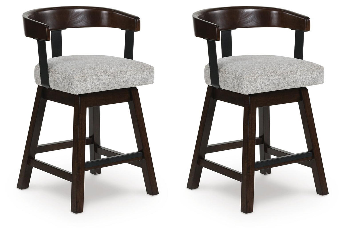 Set of two upholstered barstools with grey cushions and dark brown wooden frames