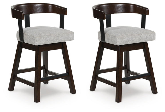Set of two upholstered barstools with grey cushions and dark brown wooden frames