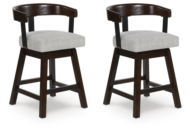 Set of two upholstered barstools with grey cushions and dark brown wooden frames