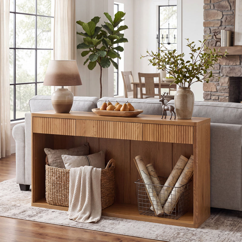 Fluted Console Table With 3 Drawers, Long Sofa Table Behind Couch For Living Room