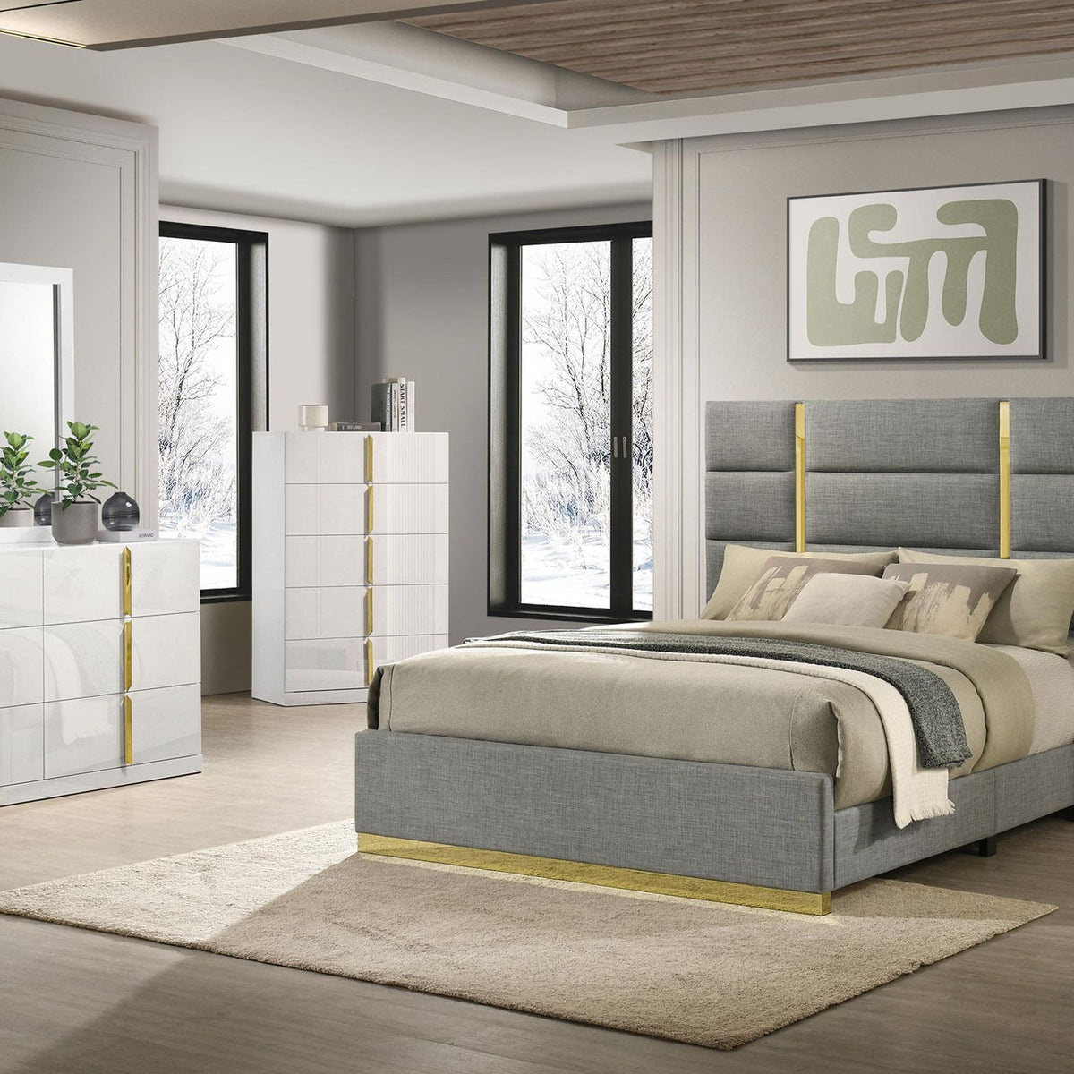 Ines 5-piece Eastern King Bedroom Set Grey and White High Gloss