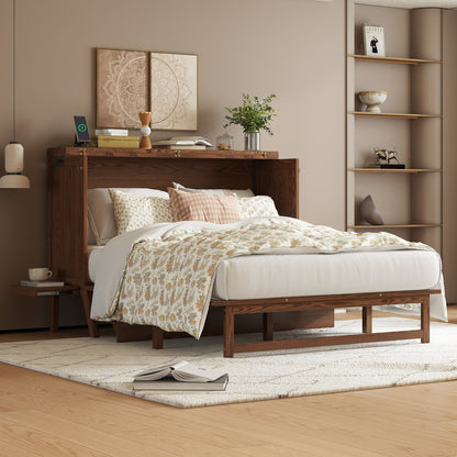 Queen Size Murphy Bed with USB Port and Removable Shelves on Each Side, Solid Pine Murphy Cabinet Bed for Home Office, Guest Room, Walnut