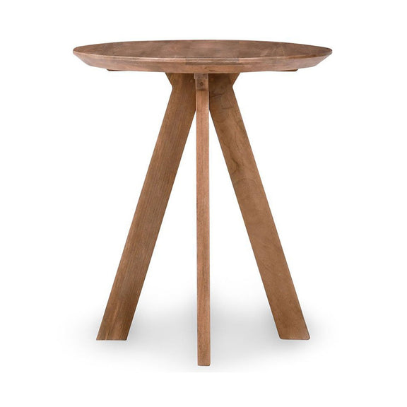 Round bar table with light wood top and three tapered legs