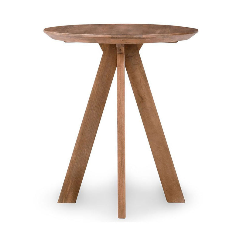 Round bar table with light wood top and three tapered legs