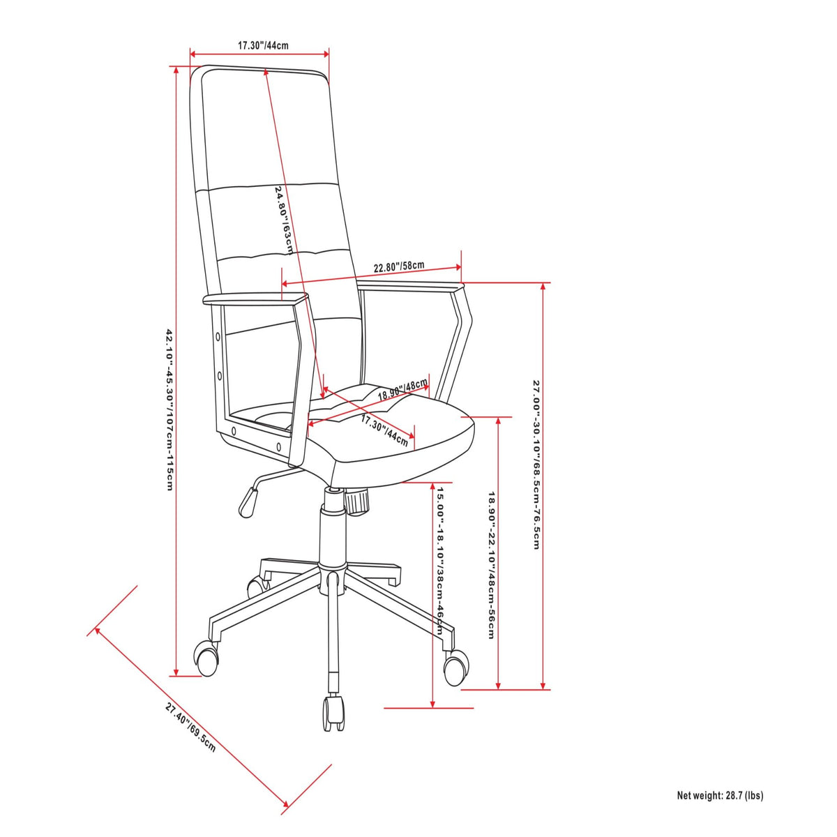 Office chair size diagram with high back, cushioned seat, and swivel base dimensions