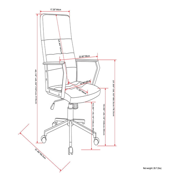 Office chair size diagram with high back, cushioned seat, and swivel base dimensions