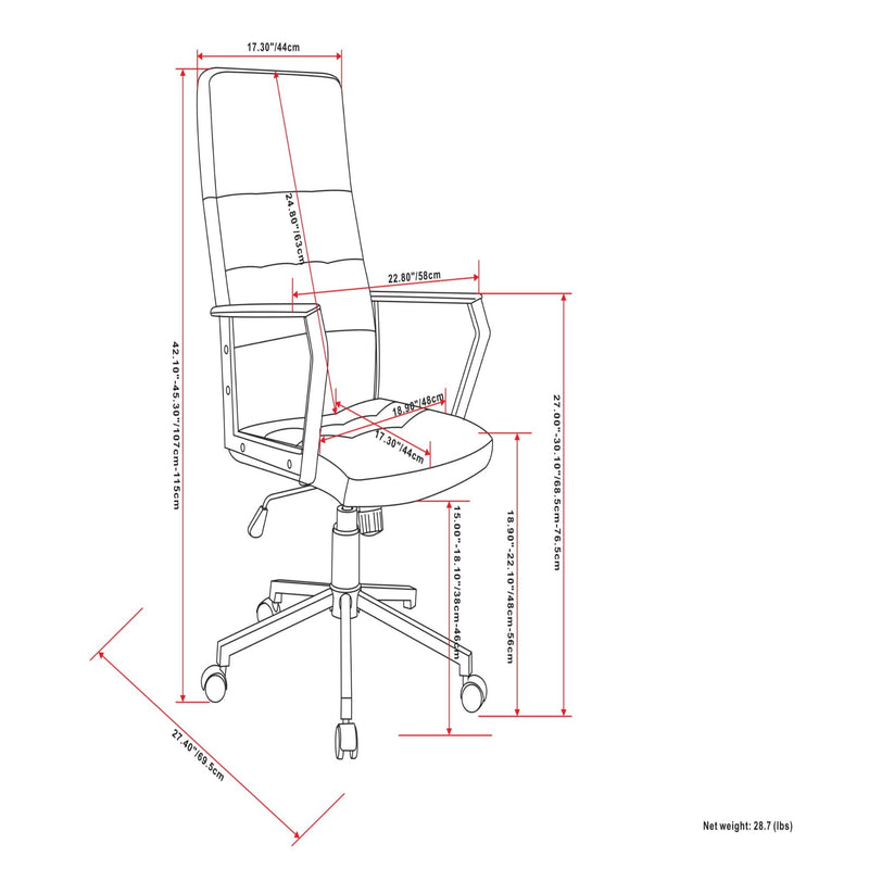 Office chair size diagram with high back, cushioned seat, and swivel base dimensions