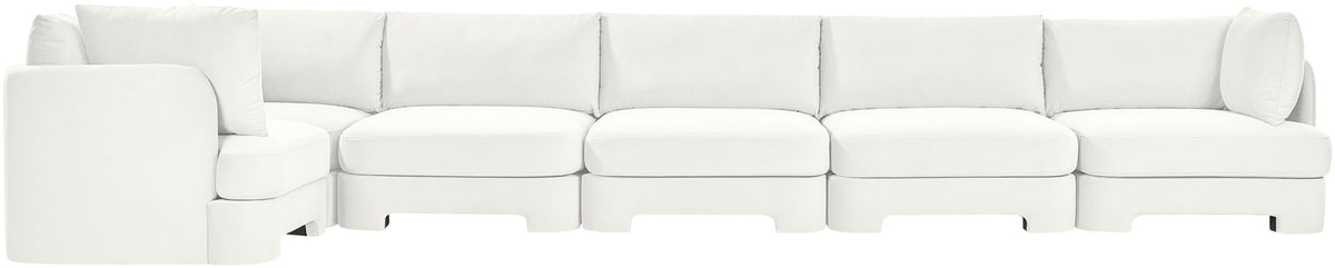 White velvet upholstered L-shaped sectional sofa set with 6 pieces, chaise details