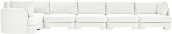 White velvet upholstered L-shaped sectional sofa set with 6 pieces, chaise details