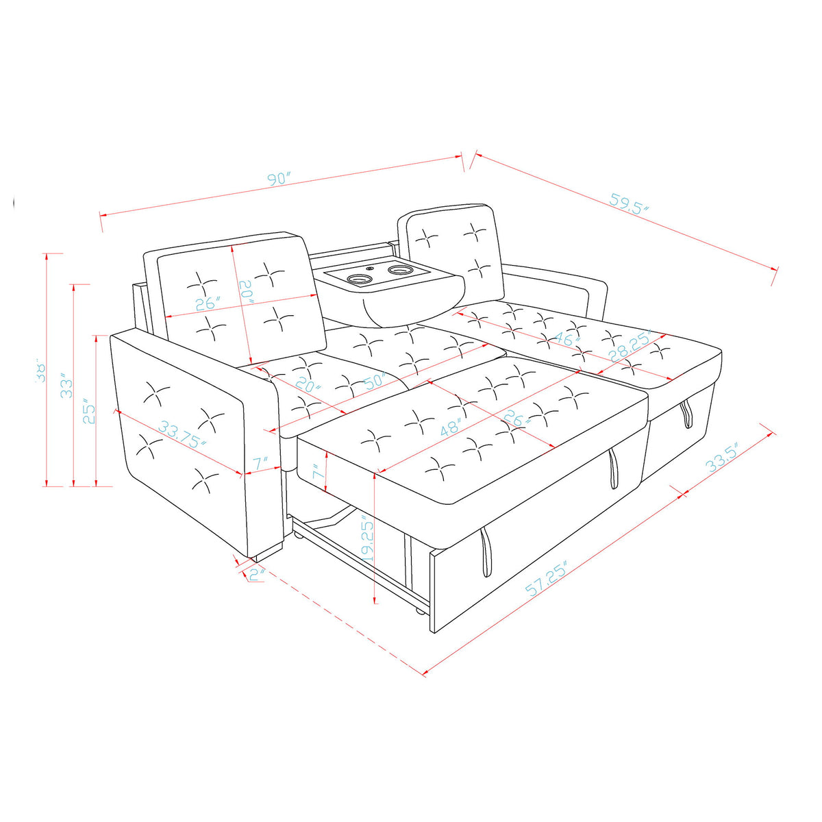 Gustavo - Sofa, Pull Out Bed, Storage Chaise, USB And Cup Holders - Beige