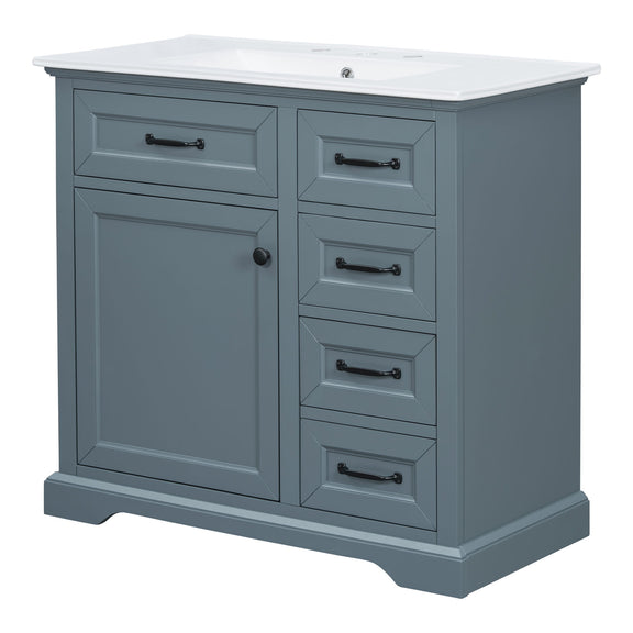 Blue bathroom vanity with white sink top, single door cabinet and stacked drawers