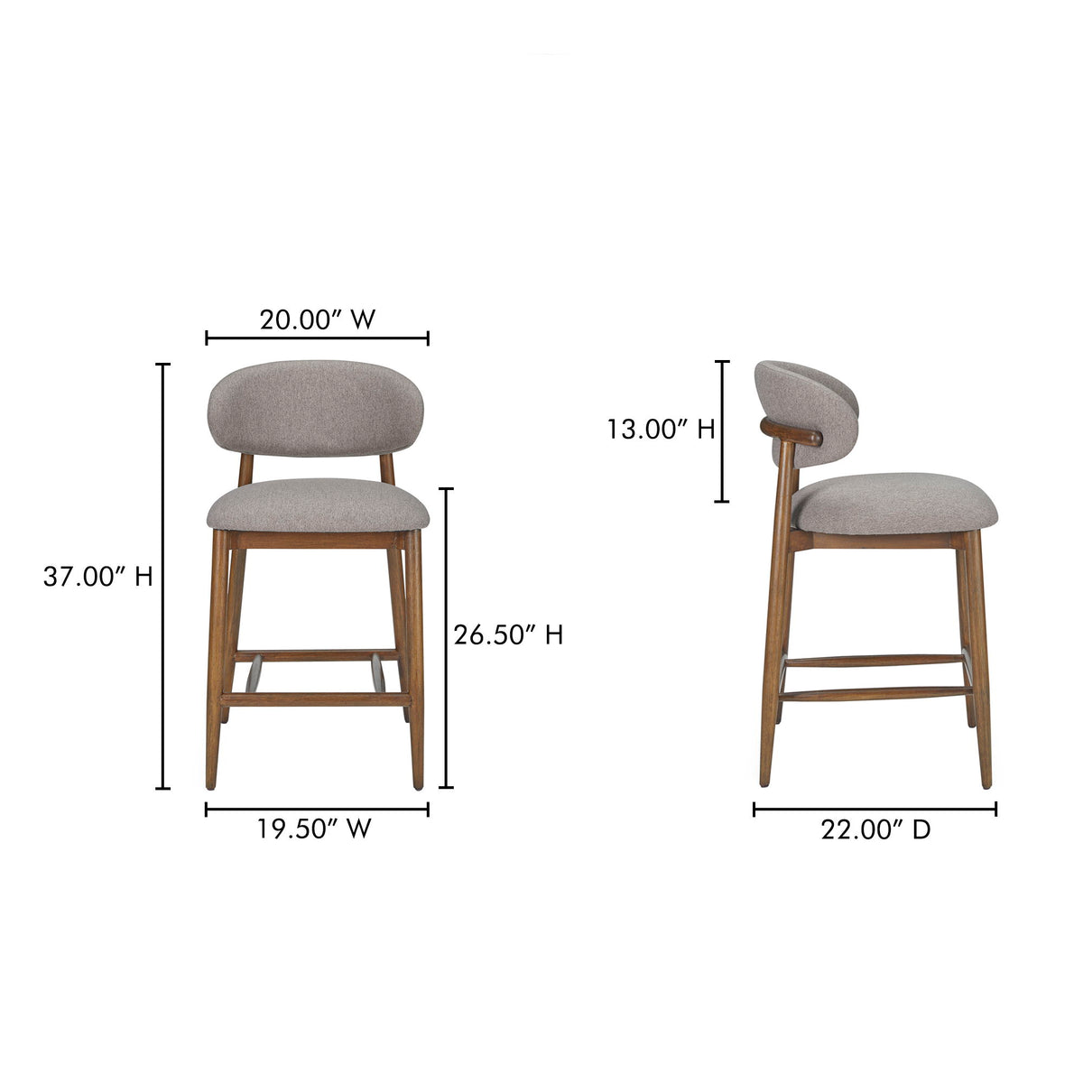 Upholstered counter stool with rounded backrest and tapered legs, gray fabric seat