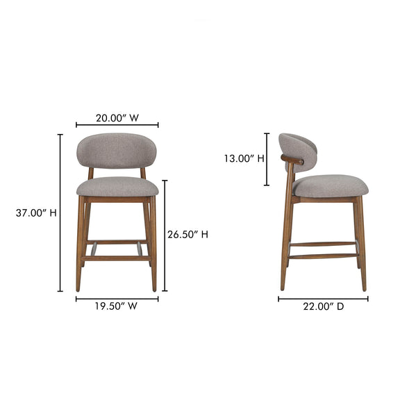 Upholstered counter stool with rounded backrest and tapered legs, gray fabric seat