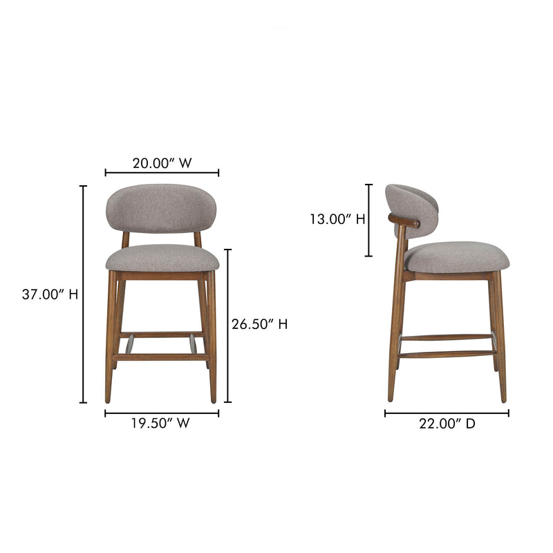 Upholstered counter stool with rounded backrest and tapered legs, gray fabric seat