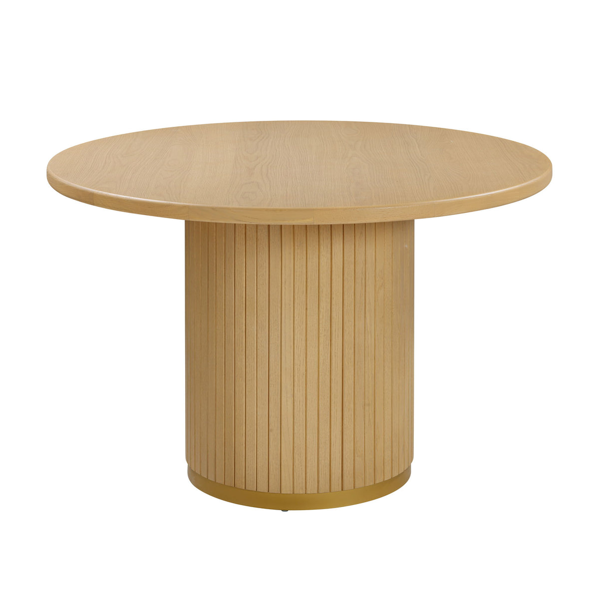 Round ash-wood dining table with light tan top and ribbed vertical pedestal