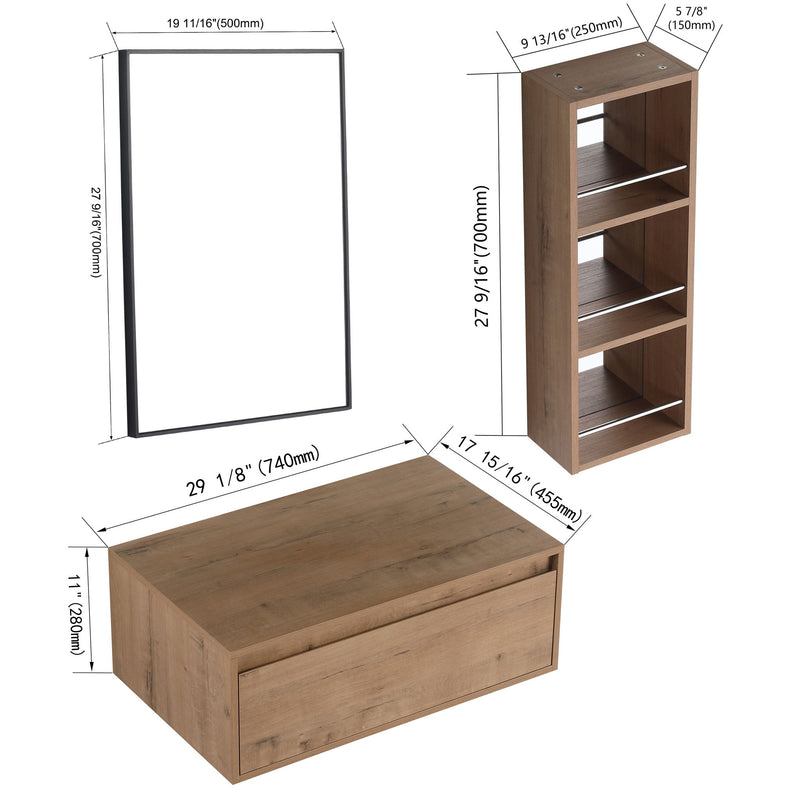 Oak wall mirror cabinet with open shelving and front size dimensions
