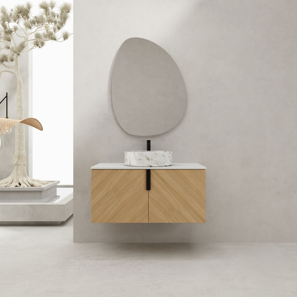 Wall-mounted bathroom vanity with light wood doors, white countertop, and white vessel sink