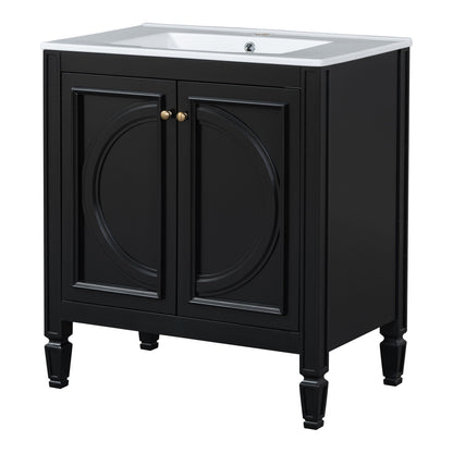 Black bathroom vanity with rectangular sink, two doors with curved inset panels, four legs