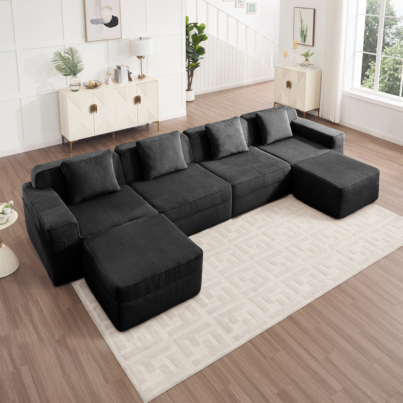 4-Seater Modular U-Shaped Corduroy Sectional Sofa - Black Corduroy