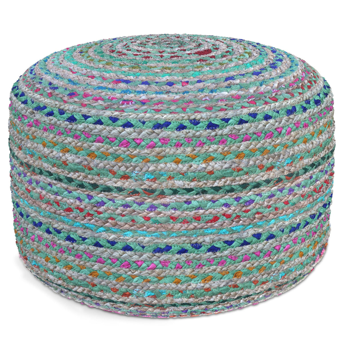 Handcrafted round pouf with multicolor braided stripes and tightly woven round top