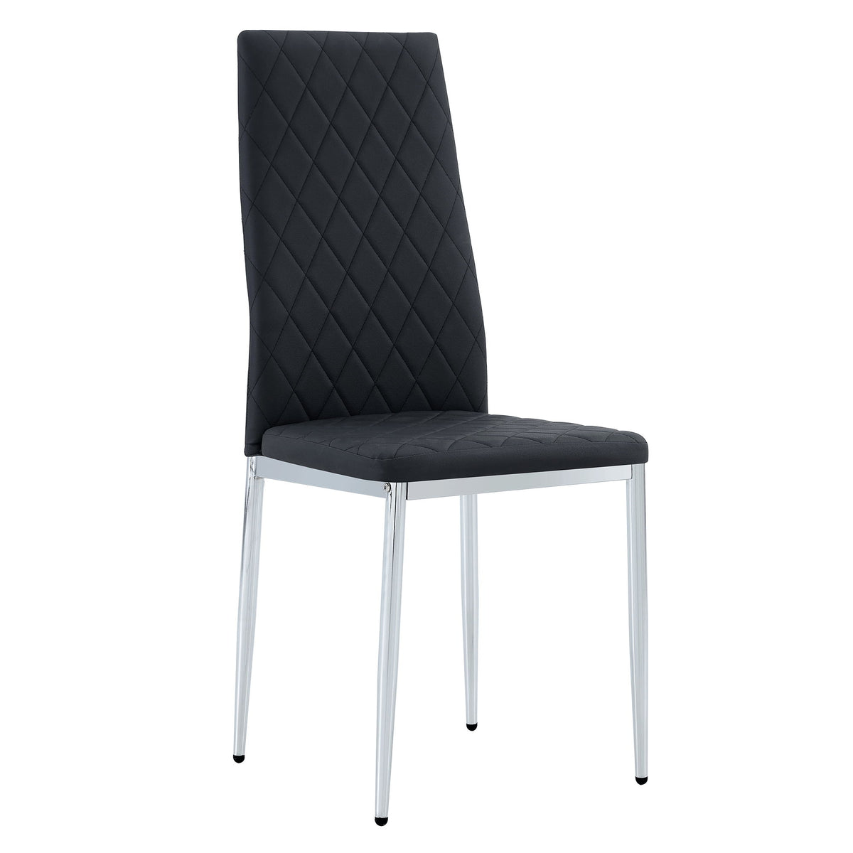 Dark high-back dining chair with diamond-quilted upholstery and chrome legs.