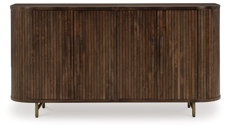 Dark brown accent cabinet with vertical wood-slat doors and tapered gold-toned legs
