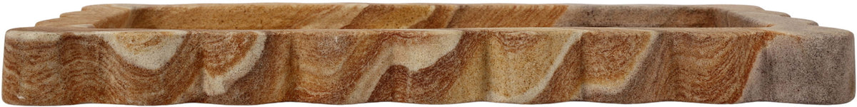 Marble tray with scalloped edge, rich brown and cream swirled veining.
