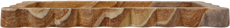 Marble tray with scalloped edge, rich brown and cream swirled veining.