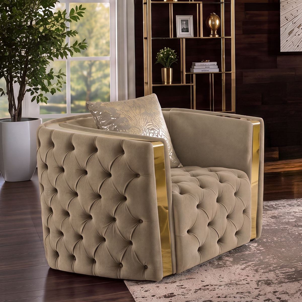 Light brown button-tufted accent chair with curved arms and a patterned square throw pillow