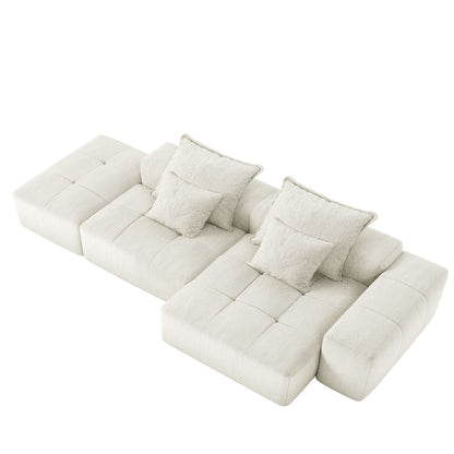 Beige modular sectional sofa with multiple seat cushions, armrests, and four throw pillows