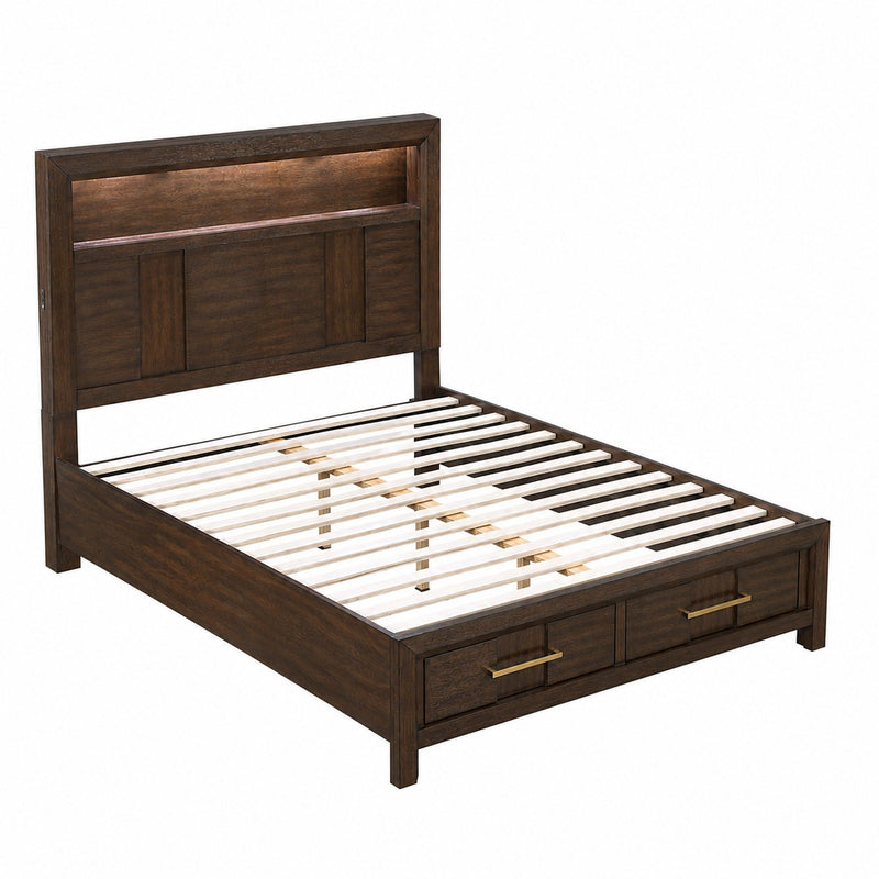 Dark brown storage bed with paneled headboard, slatted base, and two drawers