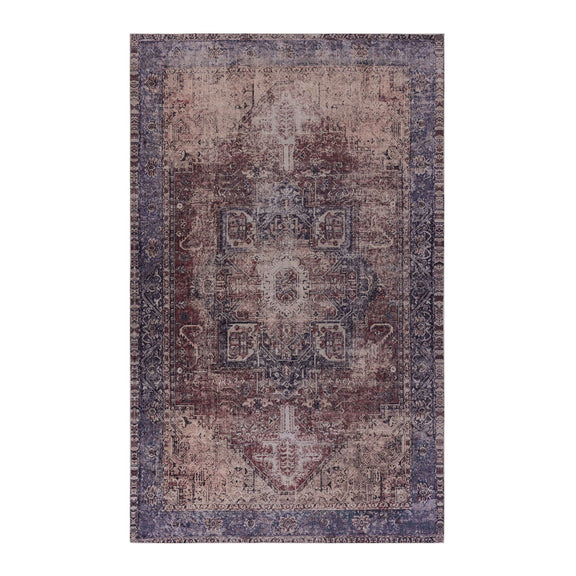 Washable area rug panel with dark purple distressed medallion pattern and beige highlights