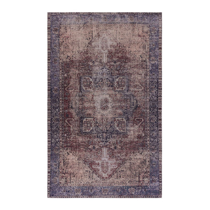 Purple and mauve distressed ornate area rug, square with decorative center medallion.