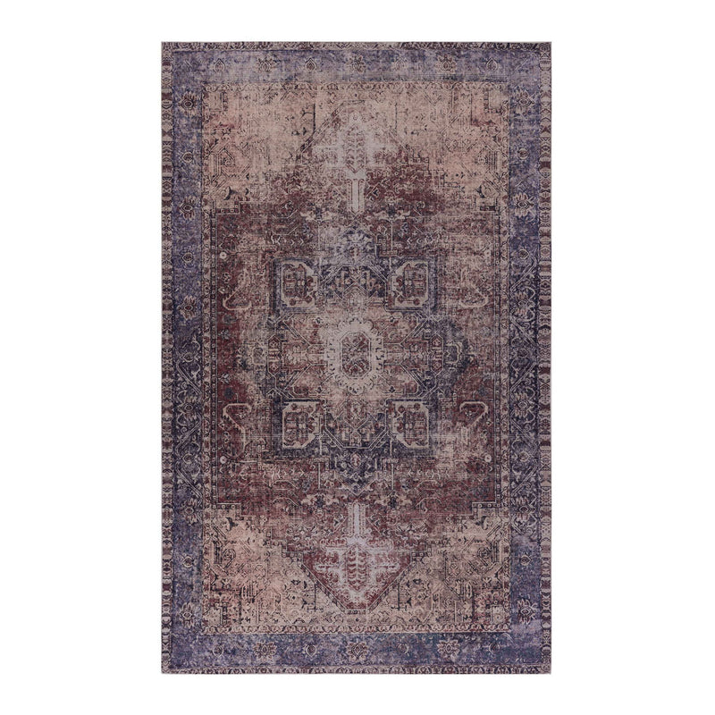 Purple and mauve distressed ornate area rug, square with decorative center medallion.