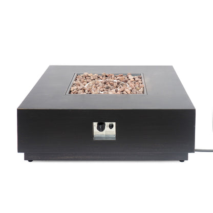 Square outdoor fire pit with dark finish, mesh insert, and control panel on front