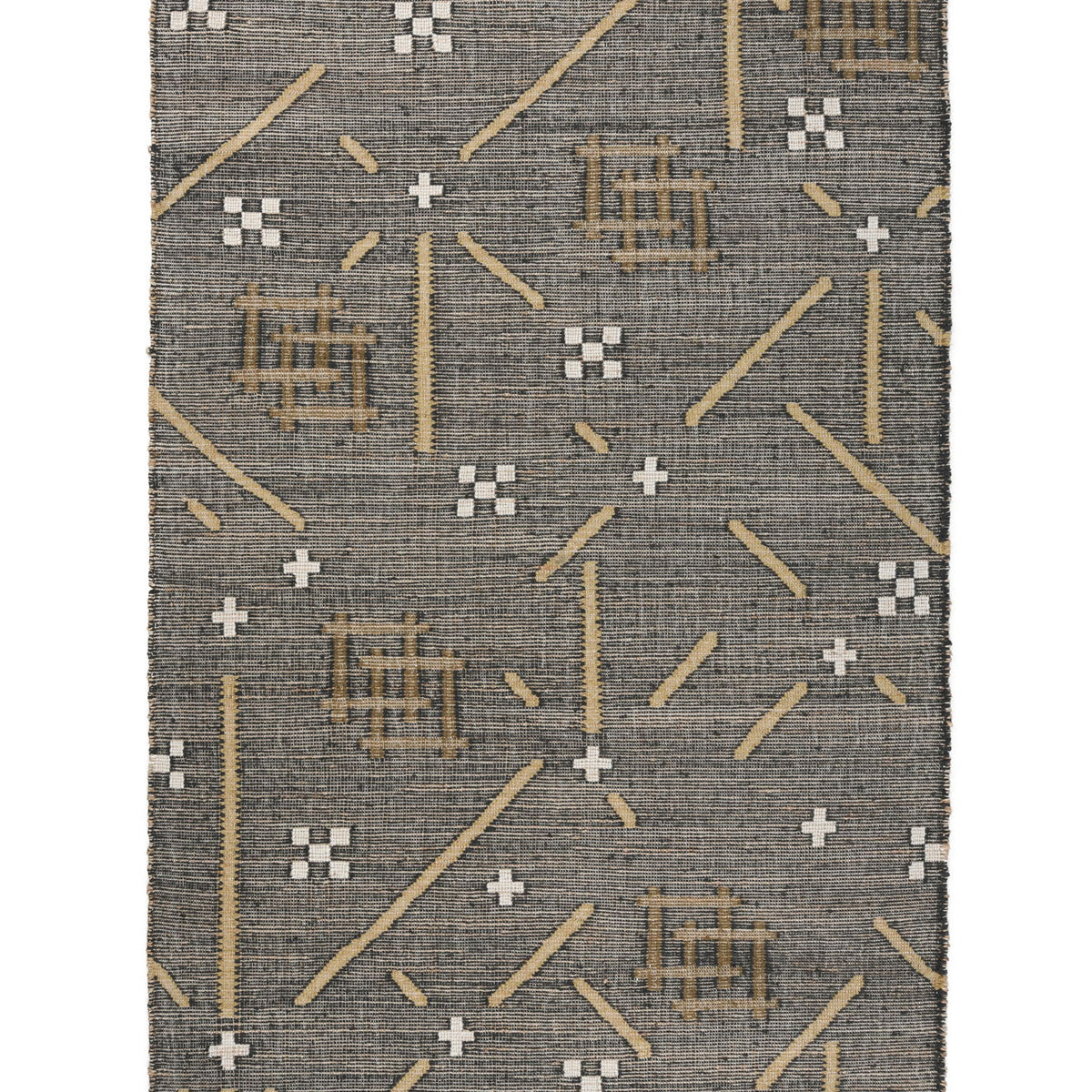 Dark blue area rug with gold and white geometric motifs and dashes, flatweave texture, fringe