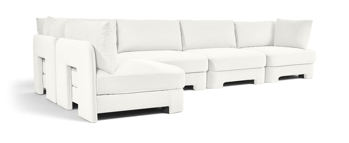White velvet performance sectional sofa, 5-piece L-shape with chaise end