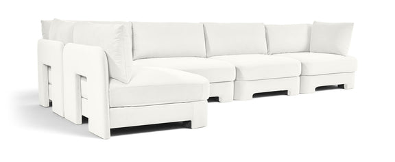 White velvet performance sectional sofa, 5-piece L-shape with chaise end
