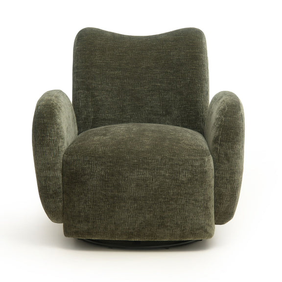 Olive green swivel accent chair with tall back and rounded armrests