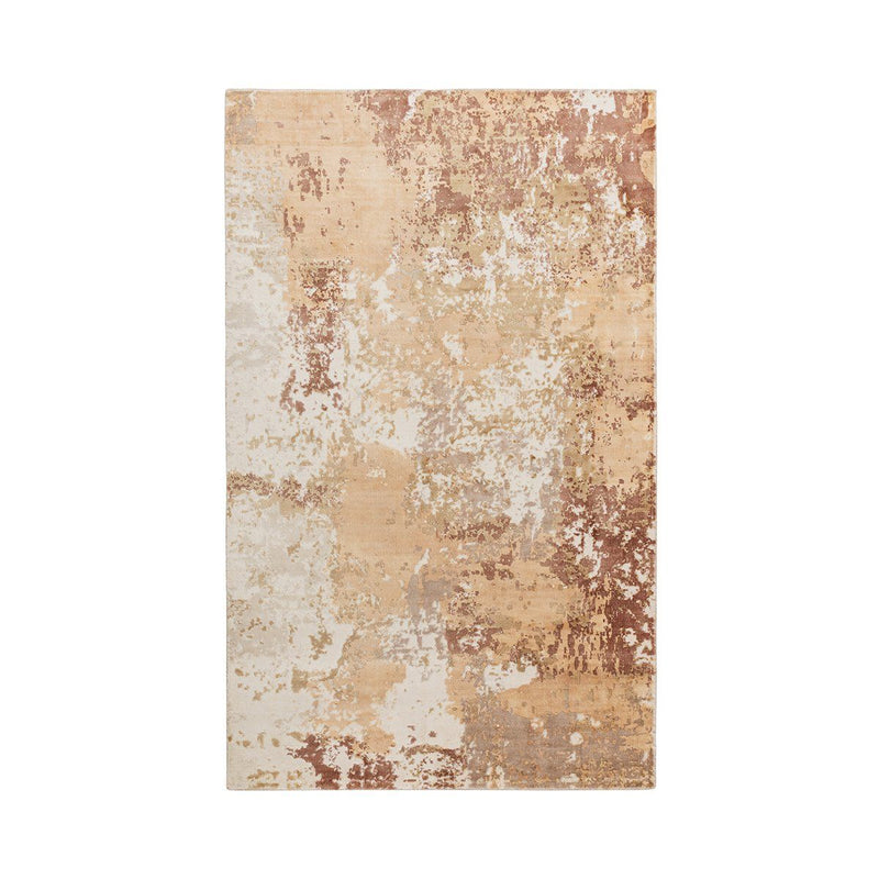 Distressed rectangular area rug with warm beige base and rust-brown textured pattern