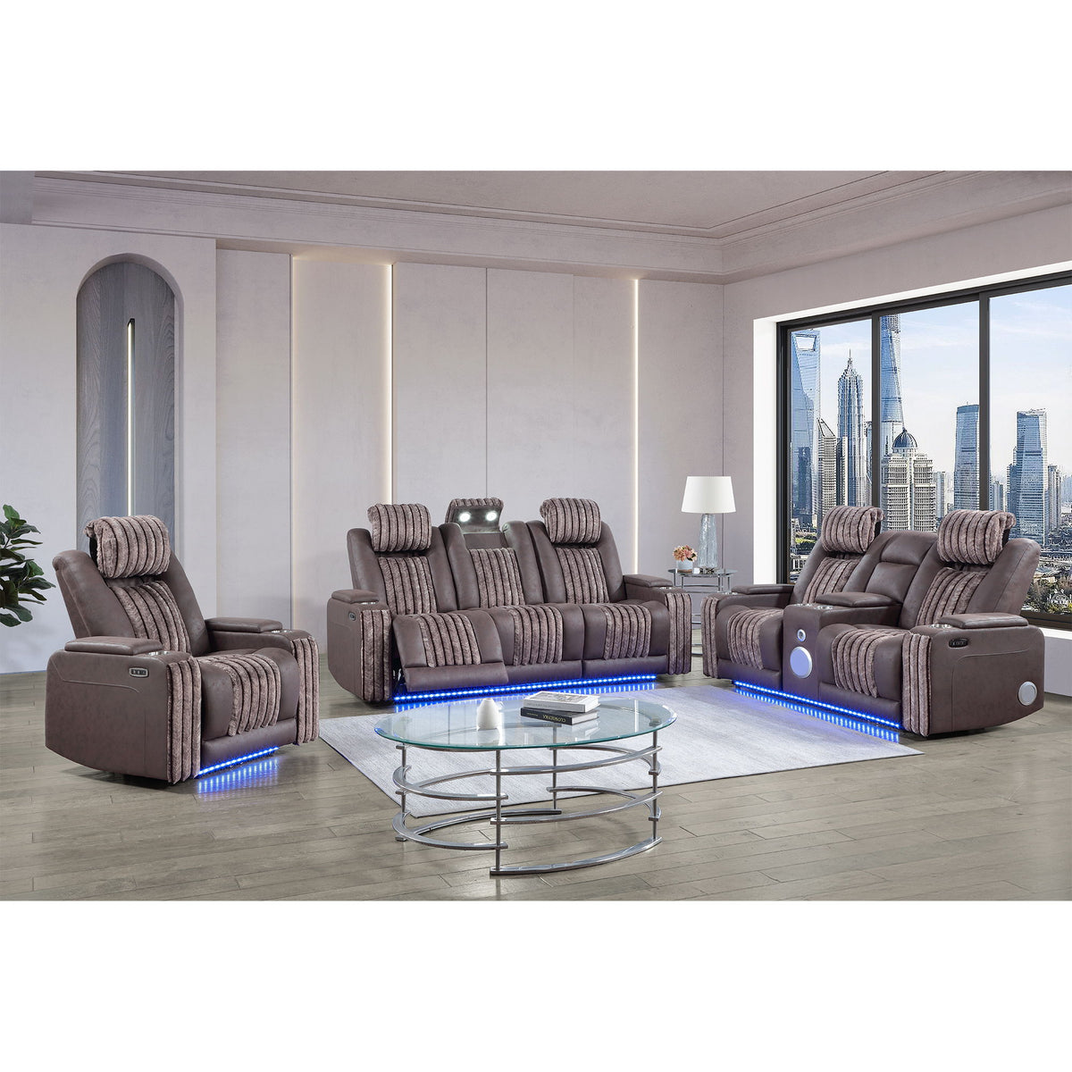 3-piece power reclining set with power headrests, dark brown upholstery