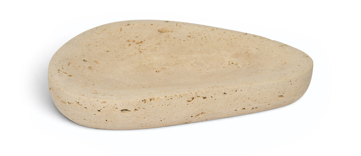 Travertine bowl in beige stone with smooth oval shape