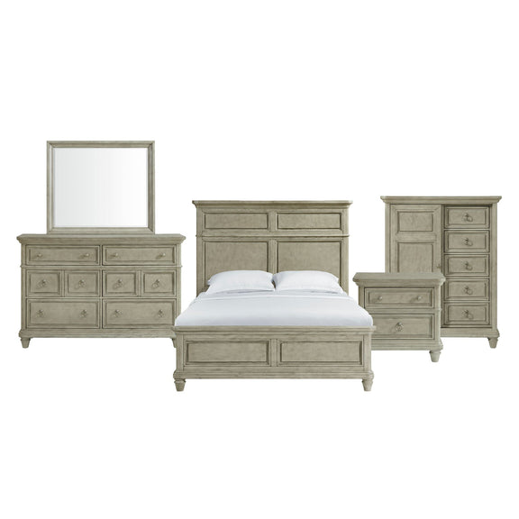 Panel bedroom set with bed, dresser, mirror, and nightstand in light gray finish
