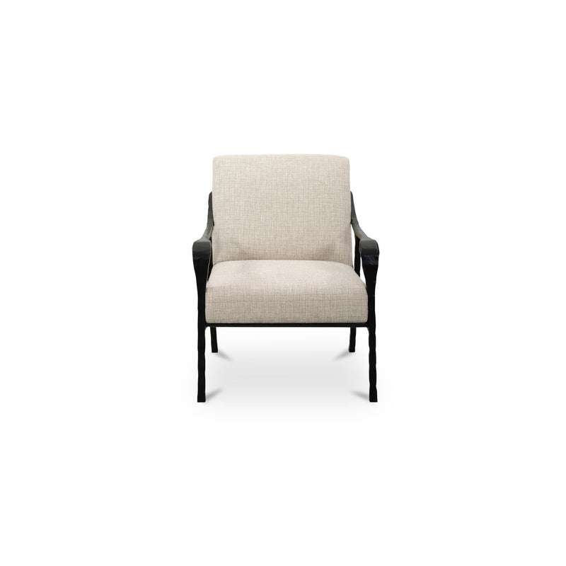 Beige upholstered accent chair with black wooden arms and legs, cushioned seat and back.