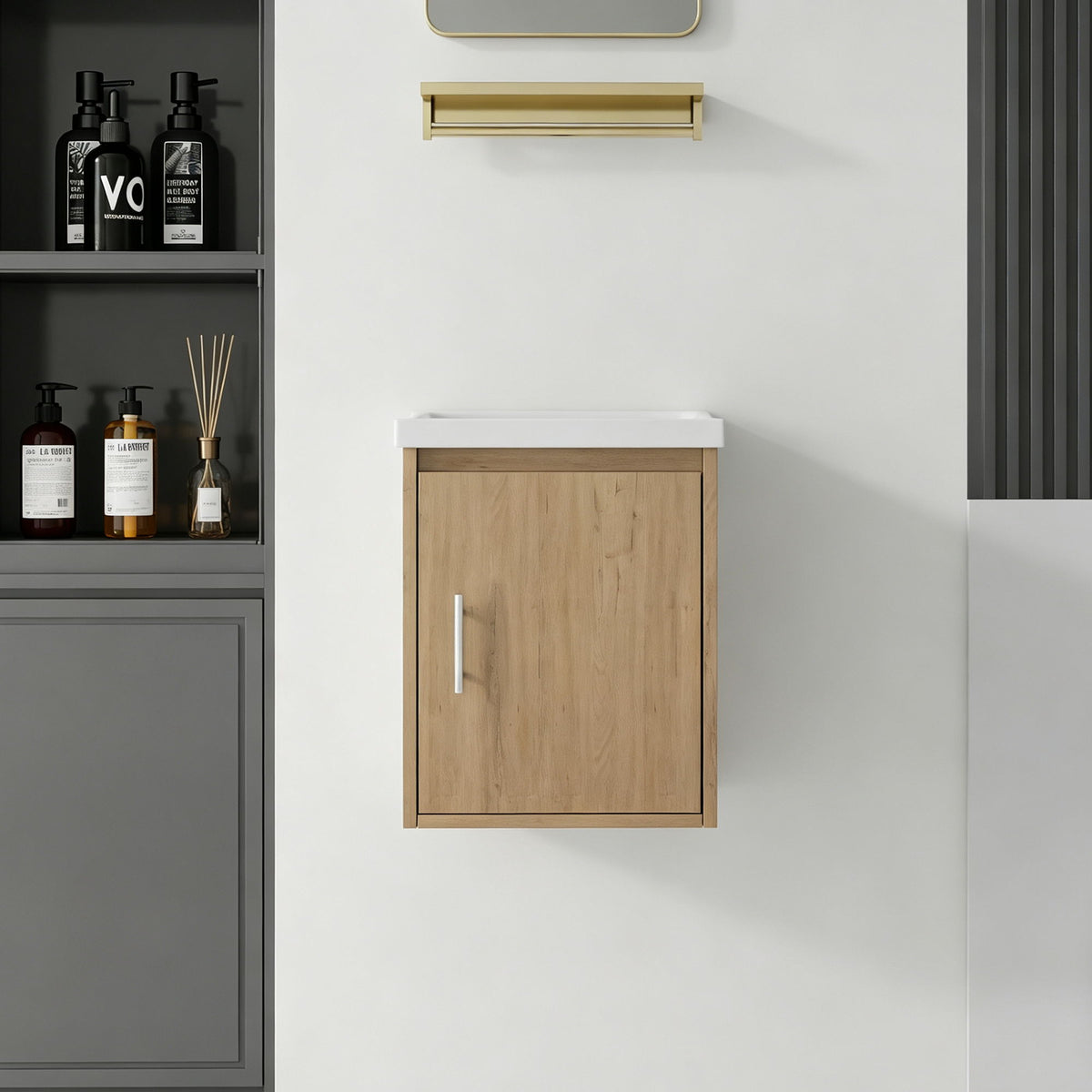 Wall-mounted bathroom vanity cabinet with ceramic sink, light brown door and white countertop