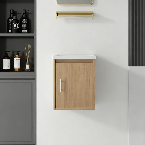 Wall-mounted bathroom vanity cabinet with ceramic sink, light brown door and white countertop
