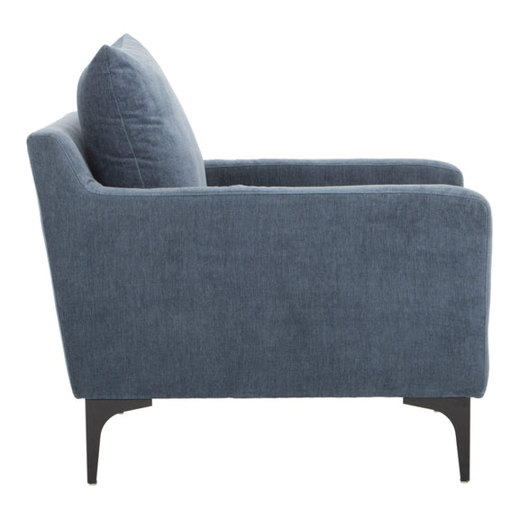 Blue fabric armchair, tall back cushion, and tapered dark legs
